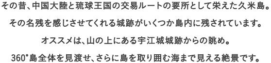 その昔、中国大陸と琉球王国の交易ルートの要所として栄えた久米島。
									その名残を感じさせてくれる城跡がいくつか島内に残されています。
									オススメは、山の上にある宇江城城跡からの眺め。
									360°島全体を見渡せ、さらに島を取り囲む海まで見える絶景です。