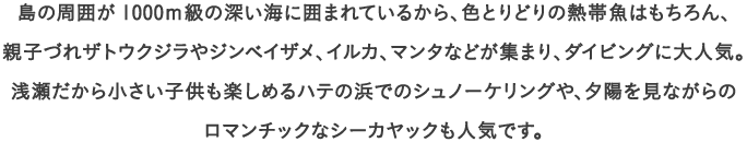 島の周囲が1000ｍ級の深い海に囲まれているから、色とりどりの熱帯魚はもちろん、
									親子づれザトウクジラやジンベイザメ、イルカ、マンタなどが集まり、ダイビングに大人気。
									浅瀬だから小さい子供も楽しめるハテの浜でのシュノーケリングや、夕陽を見ながらの
									ロマンチックなシーカヤックも人気です。