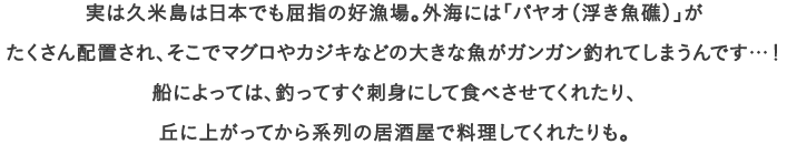 実は久米島は日本でも屈指の好漁場。外海には「パヤオ（浮き魚礁）」が
									たくさん配置され、そこでマグロやカジキなどの大きな魚がガンガン釣れてしまうんです…！
									船によっては、釣ってすぐ刺身にして食べさせてくれたり、
									丘に上がってから系列の居酒屋で料理してくれたりも。