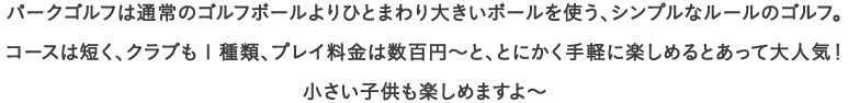 パークゴルフは通常のゴルフボールよりひとまわり大きいボールを使う、シンプルなルールのゴルフ。
									コースは短く、クラブも1種類、プレイ料金は数百円～と、とにかく手軽に楽しめるとあって大人気！
									小さい子供も楽しめますよ〜