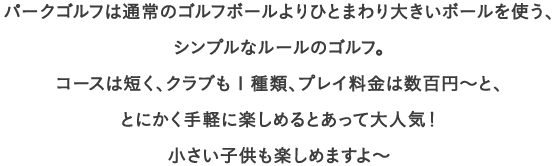 パークゴルフは通常のゴルフボールよりひとまわり大きいボールを使う、シンプルなルールのゴルフ。
									コースは短く、クラブも1種類、プレイ料金は数百円～と、とにかく手軽に楽しめるとあって大人気！
									小さい子供も楽しめますよ〜